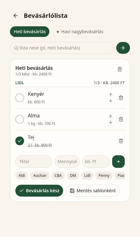 Demó Bevásárlólista – boltok, sorrend, becsült árak és pipálás