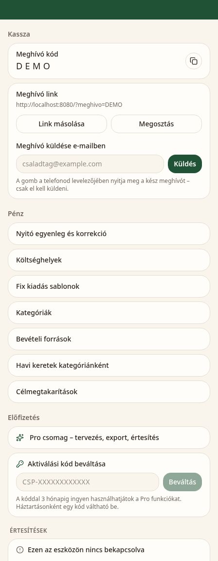 Demó Beállítások – meghívókód és költséghelyek