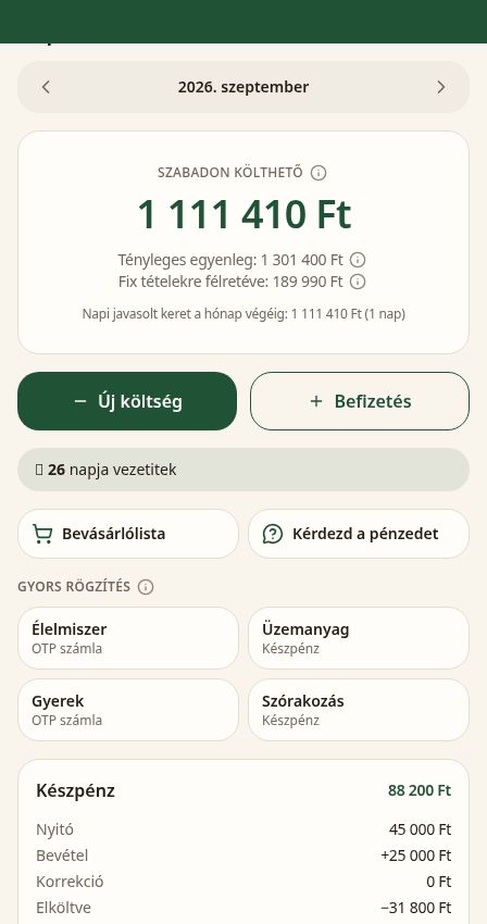 Demó Napi áttekintés – egyenleg és gyors rögzítés